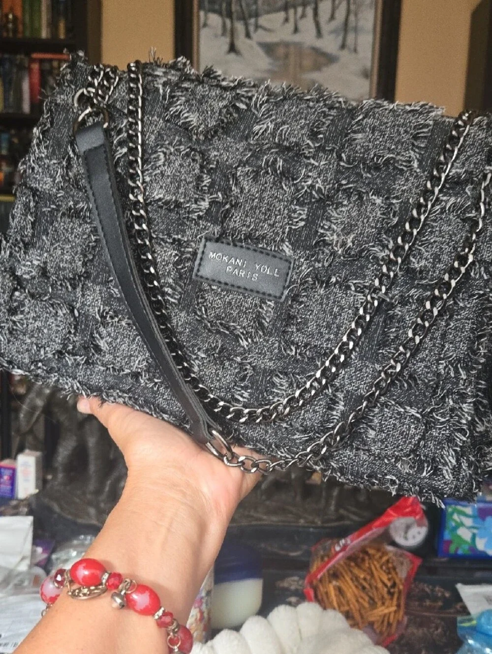 Statement Textured Denim Artistic Paris Mokani Elgant Bag wGun Metal Chain
